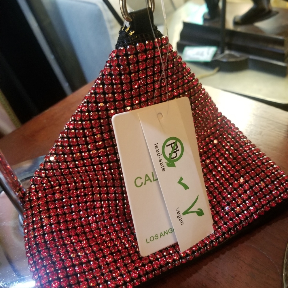 Triangular Red Rhinestone Evening Bag with Zipper - Picture 9 of 16